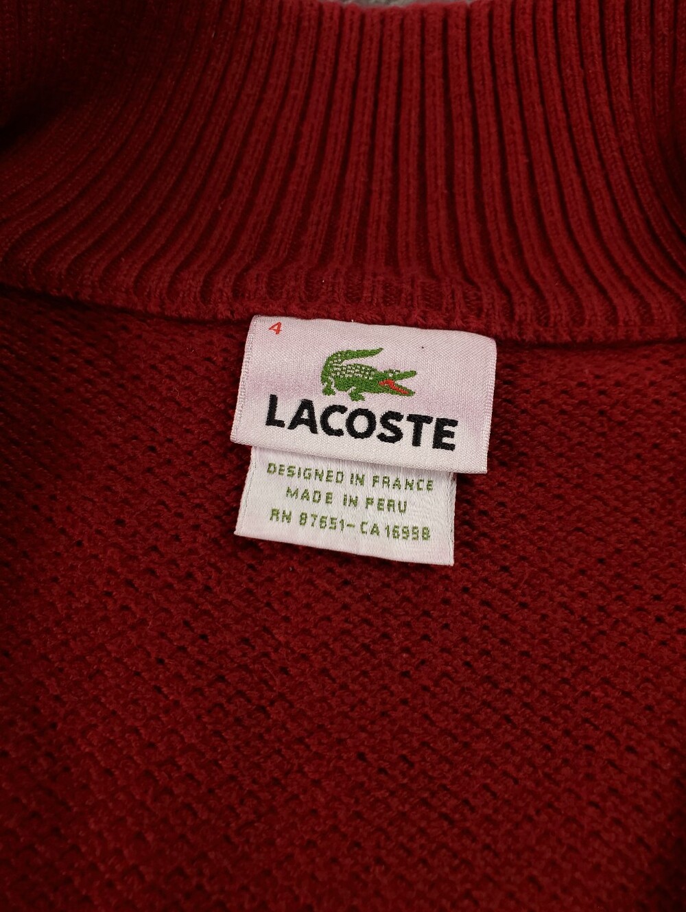 Lacoste Quarter Zip Sweater Medium 4 Textured Cotton Knit Moc Neck Red Pullover - Picture 4 of 10